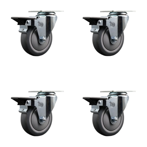 4'' Thermo Rubber Wheel Swivel Top Plate Caster Set with Posi Brake, 4PK